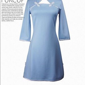 Baby Blue cheongsam mini dress with white decoratd